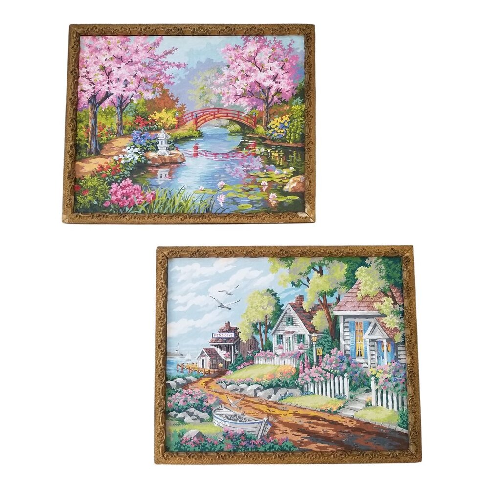 Colorful Landscape Paint-By-Numbers Art in Antique 20s Gilded Frames